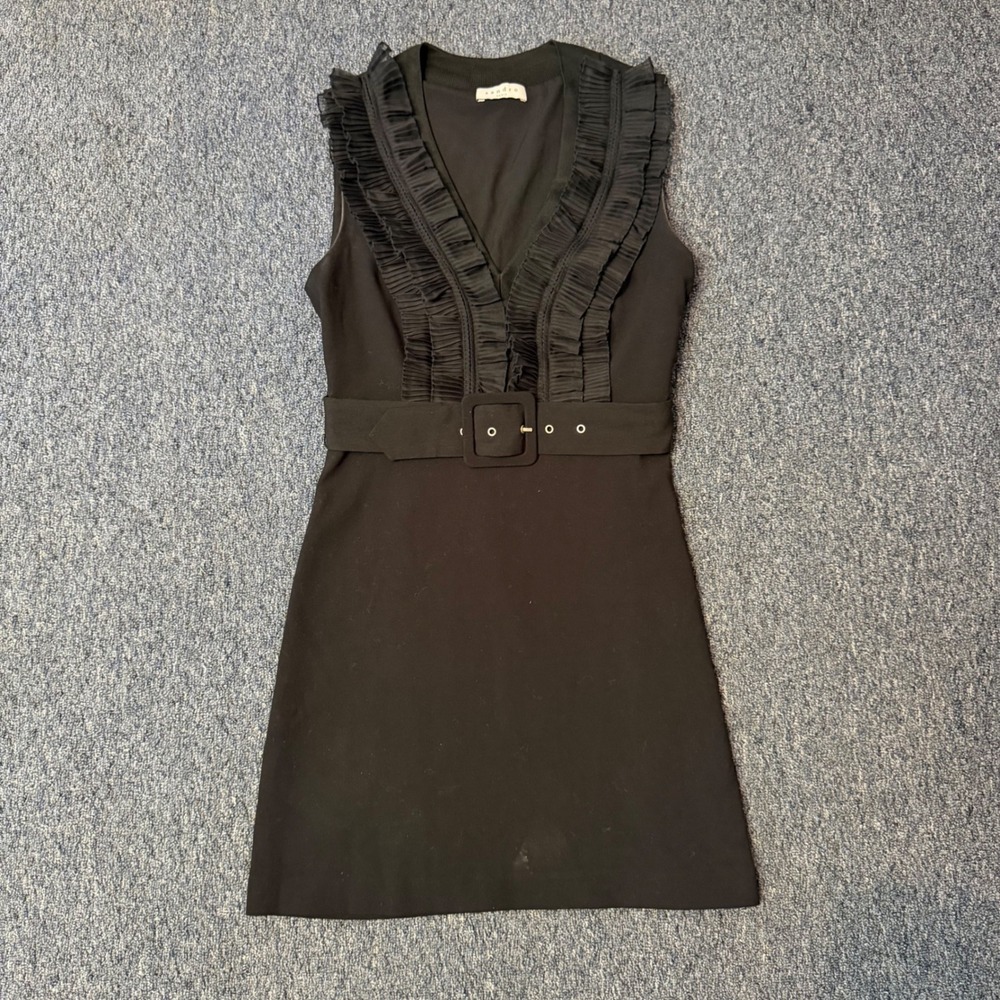 Sandro Paris Black Ruffle V-Neck Belted Mini Dress Sleeveless gift